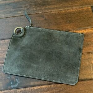 Mer Sea Dark Gray Suede Zip Clutch with Ring Detail EUC